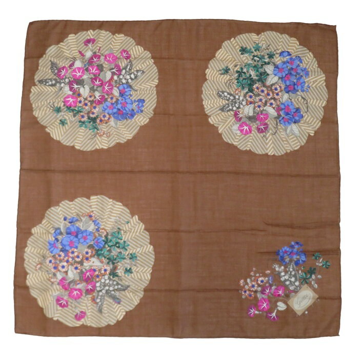 【中古】正規品 GUCCI グッチ スカーフ 86cmx86cm ウールxシルク ブラウン 花柄 イタリア製【送料無料】