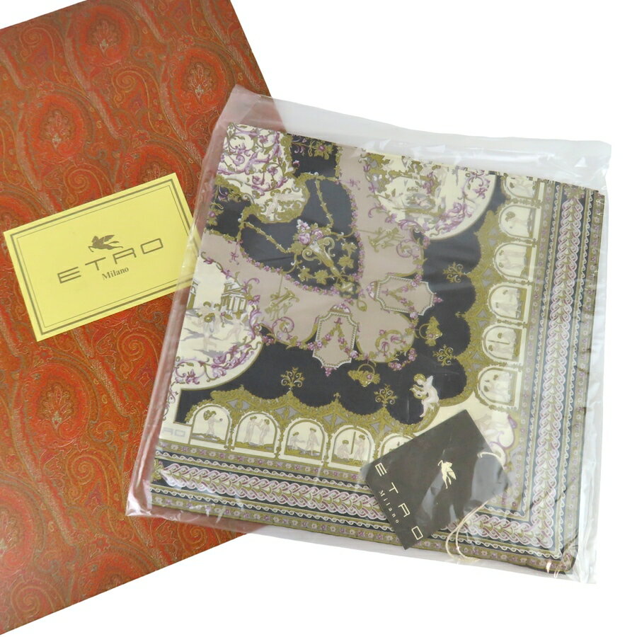 正規品 ETRO エトロ ミニスカーフ シルク 100％ カーキxブラック イタリア製 紙パッケージ付き