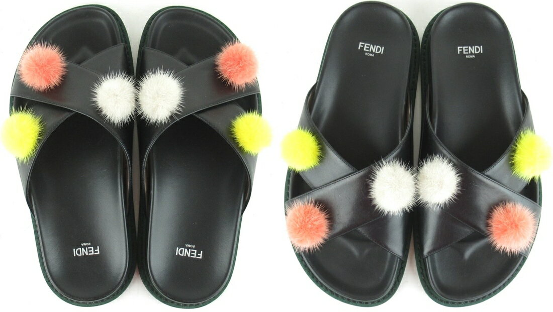 【中古】正規品 FENDI フェンディ カラフルポンポン付きレザーフラットクロスサンダル 37サイズ ぺたんこ つっかけ 靴 ヒールなし 女性用 レディース 婦人 黒 ブラック イタリア製【送料無料】