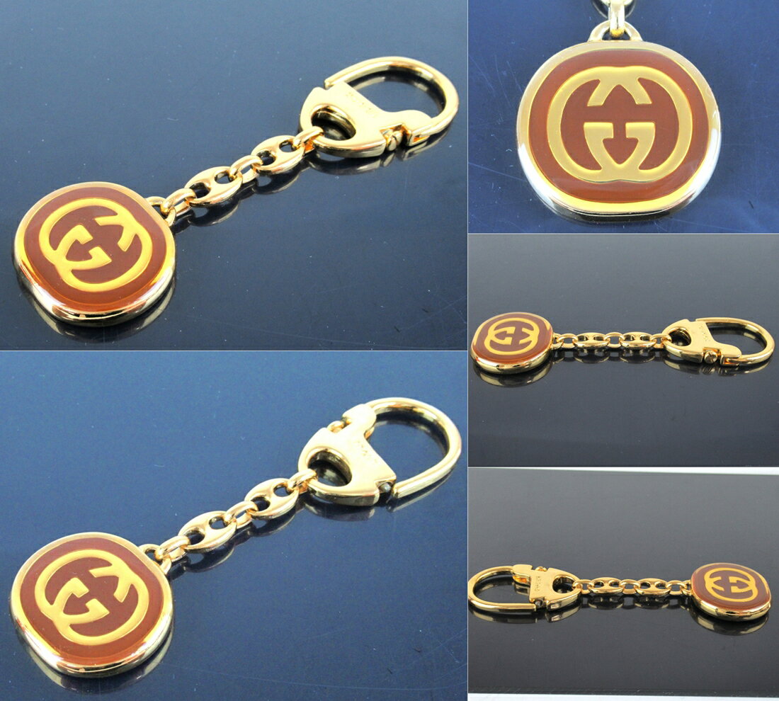【中古】正規品GUCCIグッチゴールドカラーtimes;ブラウン茶系金色キーリングキーホルダーキーチャーム男女兼用アクセサリー保存箱付き【送料無料】