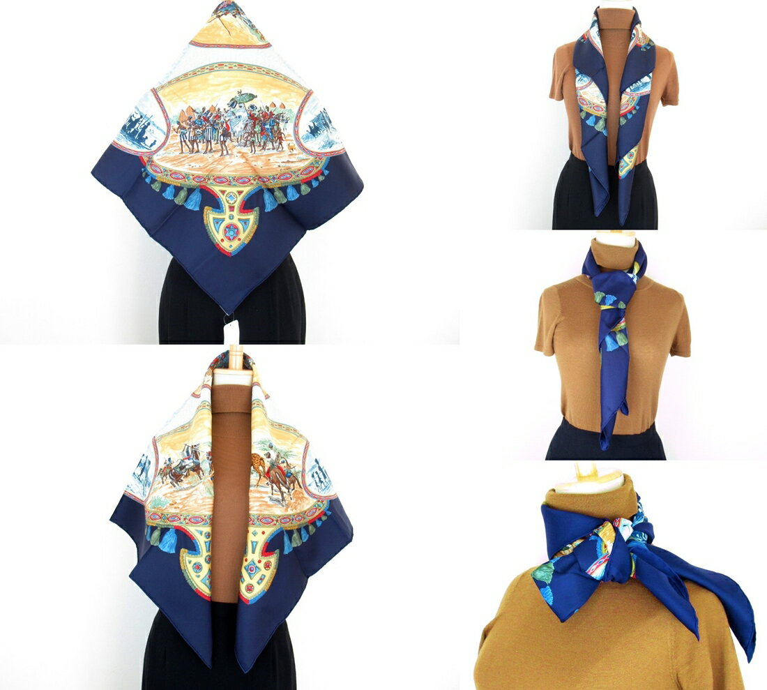 【中古】正規品 HERMES エルメス Karre 90 CAVALIERS PEULS カレ90 プール族の騎手 ネイビーブルー系 青系 正方形 スカーフ レディース 婦人 女性 フランス製 シルク 未使用品【送料無料】
