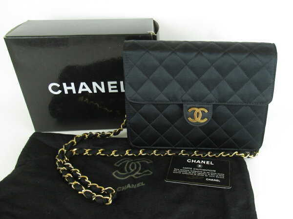 【中古】正規品 CHANEL シャネル CC マトラッセ シルク サテン チェーンショルダーバッグ ポーチ ブラック キルティング ココマーク 肩掛け ダストバッグ・カード付き【送料無料】