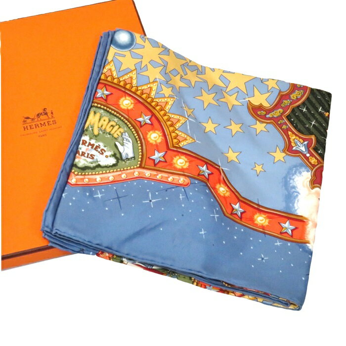 【中古】正規品 HERMES エルメス カレ90 スカーフ LA MAGIE 『マジック』シルク100% ブルー フランス製 外箱付【送料無料】