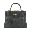 【中古】正規品 KobaG コバッグ オーストリッチ ハンドバッグ ケリー型 トップハンドル ブラック カデナ 南京錠 鍵 【送料無料】