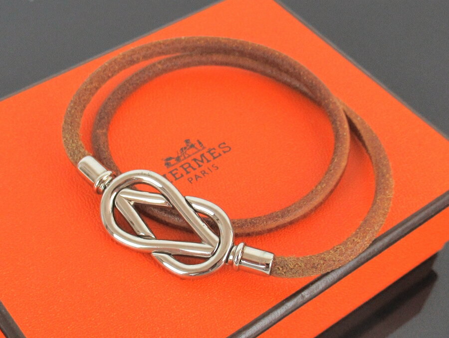 スーパーSALE限定価格!!【中古】正規品 HERMES エルメス アタメ チョーカー 2連ブレスレット ブラウン×シルバー レザー 外箱付き