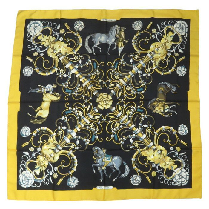 【中古】正規品 HERMES エルメス カレ90 スカーフ シルク PARC ROYAL『 パークロイヤル』 ブラックxイエロー【送料無料】