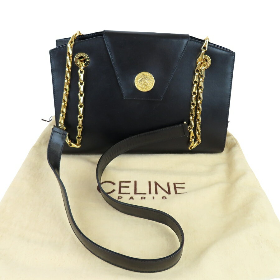 【中古】正規品 CELINE セリーヌ アースコイン レザー チェーン ショルダーバッグ ブラック ゴールド金具 イタリア製 保存袋付き【送料無料】