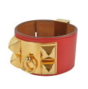 【中古】正規品 HERMES エルメス コリエドシアン ピラミッドモチーフ スタッズ 幅広バングルブレスレット レザー サイズS R刻印 サンギーヌ レッド フランス製 保存袋・外箱付き【送料無料】(4)