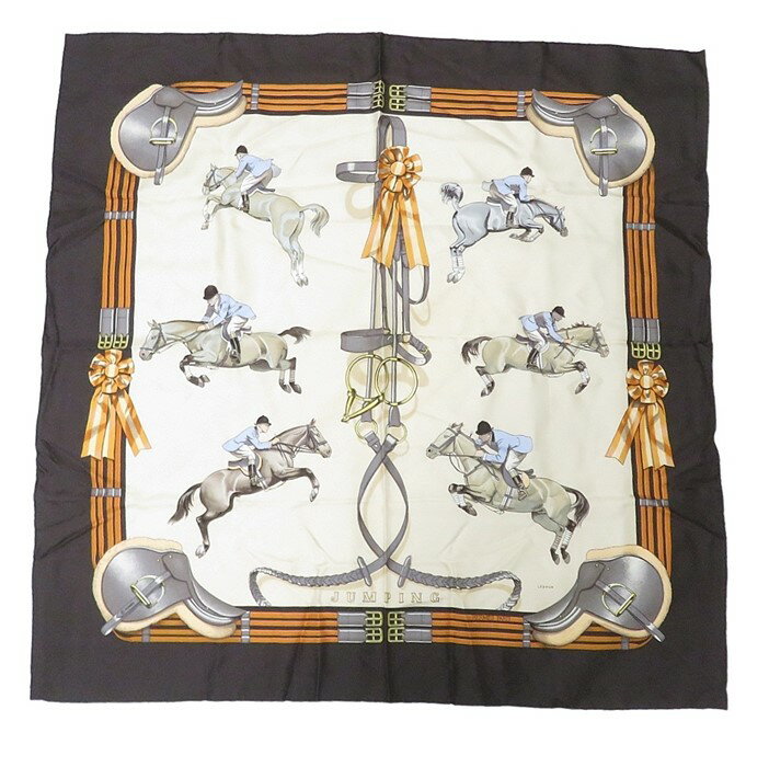 【中古】正規品 HERMES エルメス カレ90 スカーフ JUMPING『 ジャンピング』 ダークブラウン シルク100% フランス製【送料無料】