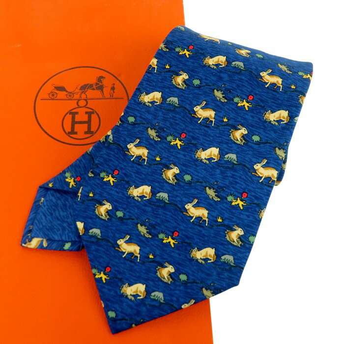 【中古】正規品 HERMES エルメス ネクタイ 7689 OAうさぎ ネイビー シルク100% フランス製 パッケージ付き【送料無料】