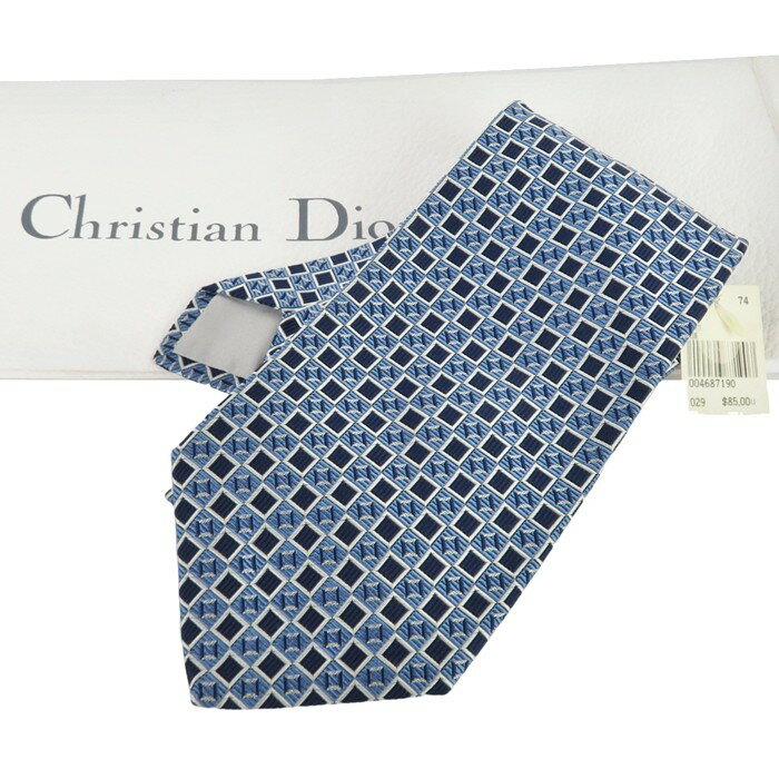 【中古】正規品 Christian Dior クリスチャンディオール ネクタイ スクエア ブルー系 フランス製 紙袋付き【送料無料】