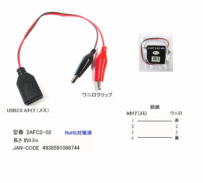 COMON カモン USB 2.0A メス ⇔ワニ口クリップ [2AFC2-02]