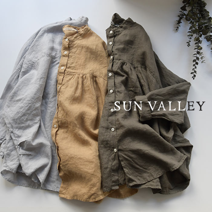 セール！ トップス シャツ サンバレー SUN VALLEY SUNVALLEY リネン100 フレンチリネン 麻 長袖 無地 切替 ギャザー スタンドカラー ／ フレア バンドカラー すっきり ゆったり 体型カバー ナチュラン ナチュラル 大人かわいい s+ Ms, ／ 2120SS0312, q1,