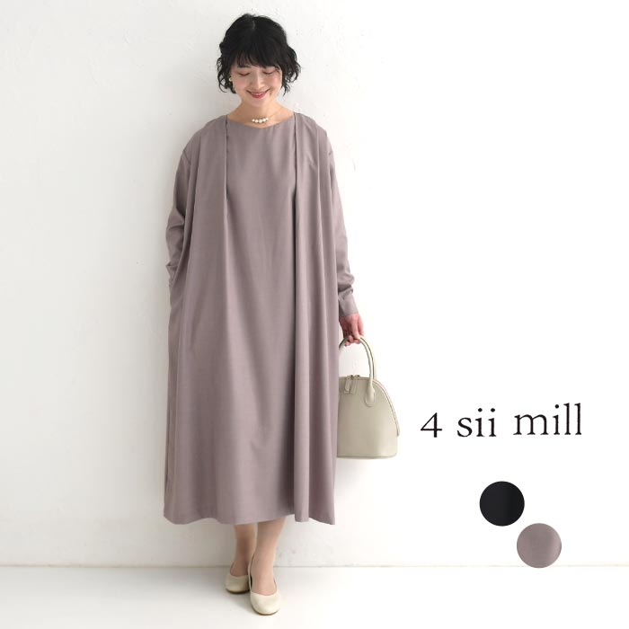 ワンピース Vネック タック ロング 長袖 4sii mill オケージョン ／フォーシーミル オケージョン セレモニー パーティー おしゃれ ゆったり 上品 お出かけ キチンと 体型カバー エコロコ レディース Ms,Ls, sel, ／春 夏 秋 24AW1219R,のサムネイル