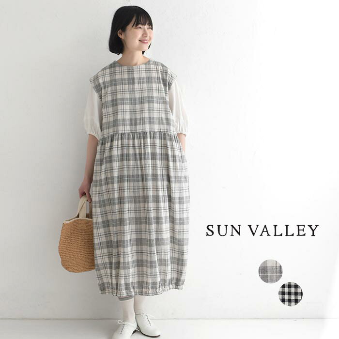 Rakuten - ワンピース SUN VALLEY 綿麻平織 チェック フレンチ袖 ／バルーン ジャンパースカート エコロコ sel, ／春 夏 30代 40代 50代 26SS0306,