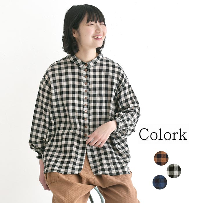 Rakuten - ブラウス 綿100％ COLORK ギンガムチェックミニ襟多ボタンブラウス ／ ミニ襟 多ボタン 優しいシワ感のある綿100％素材, sel,トップス,ゆったり,エコロコ,／ 春 夏 30代 40代 50代 26SS0319,