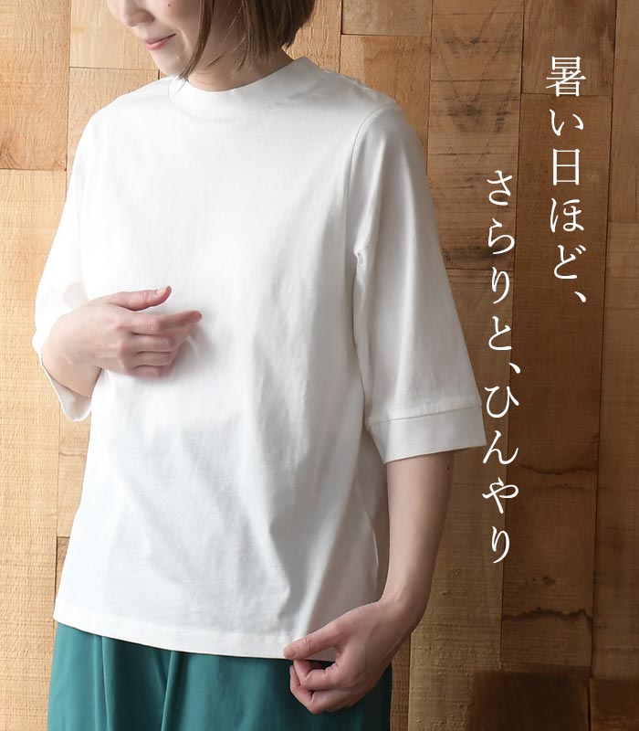 Tシャツ ハイネック 六分袖 レディース プルオーバー カットソー 接触冷感 エンザ...