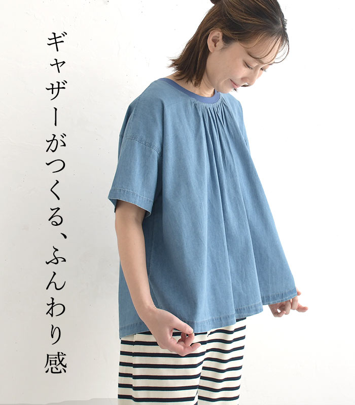 デニムブラウス ネックリブ 後ろタック半袖プル...の紹介画像2