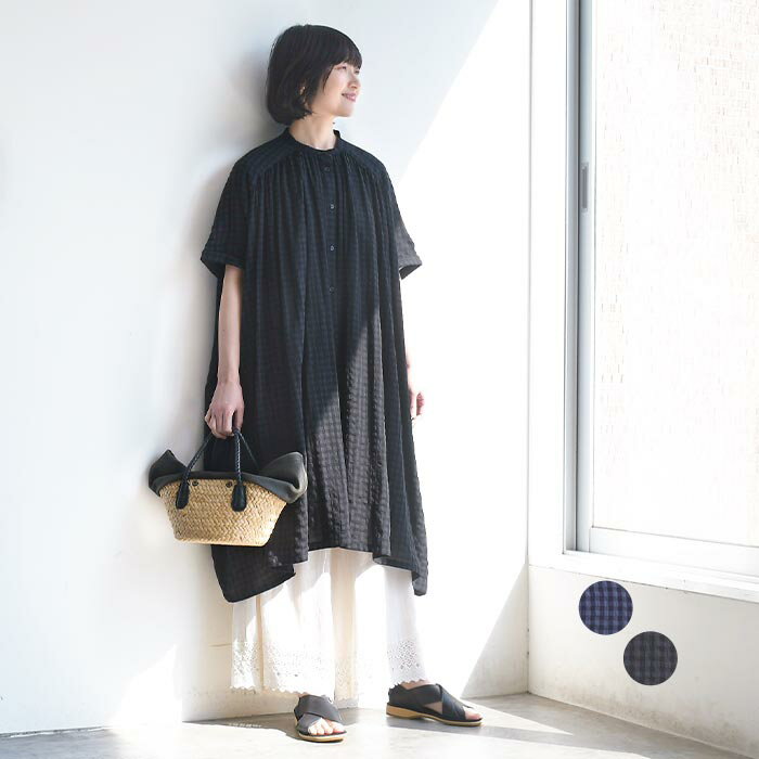 乐天商城 - ワンピース ギンガムチェック 涼しい コットンレーヨンリップル ／ スタンドカラー ワイド 半袖 ゆったり 体型カバー sel, エコロコ ／春 夏 30代 40代 50代 26SS0604,