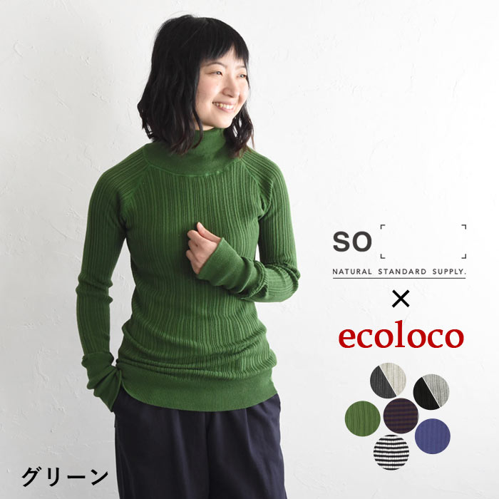 ボーダーハイネック長袖カットソー（36）グリーン／綿 ＼本日ポイント10倍♪／ ハイネック タートルネック ボーダー 長袖 ニット トップス レディース 秋冬 春 メール便送料無料 インナー  ニットセーター ボーダーニット ハイネックセーター ベージュ 黄色 グリーン ブラウン グレー 黒 | Woman Collection