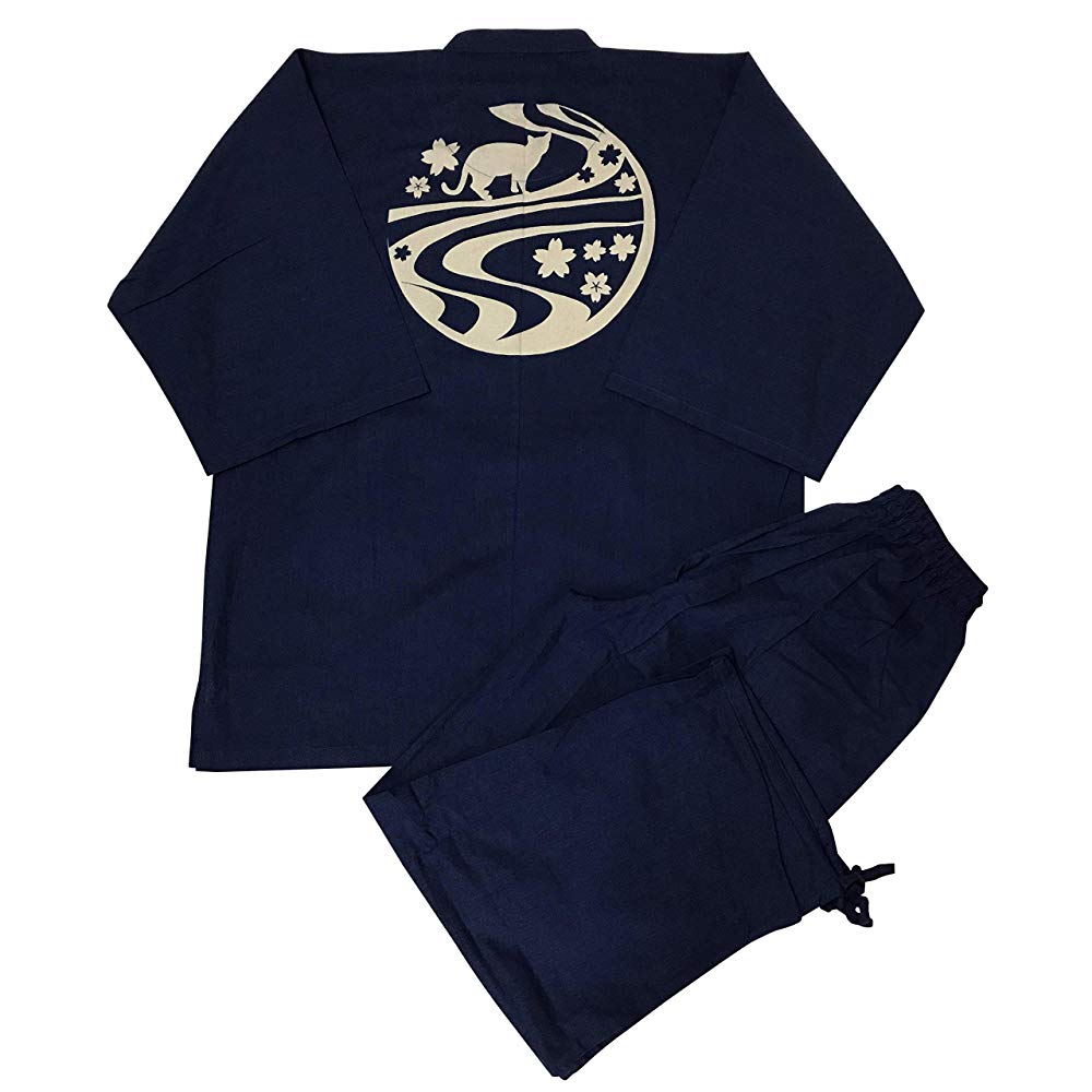 [江戸てん] 作務衣 柔らかい平織り 抜染オリジナル柄 綿100％ 猫と波桜　紺　M/L/LL