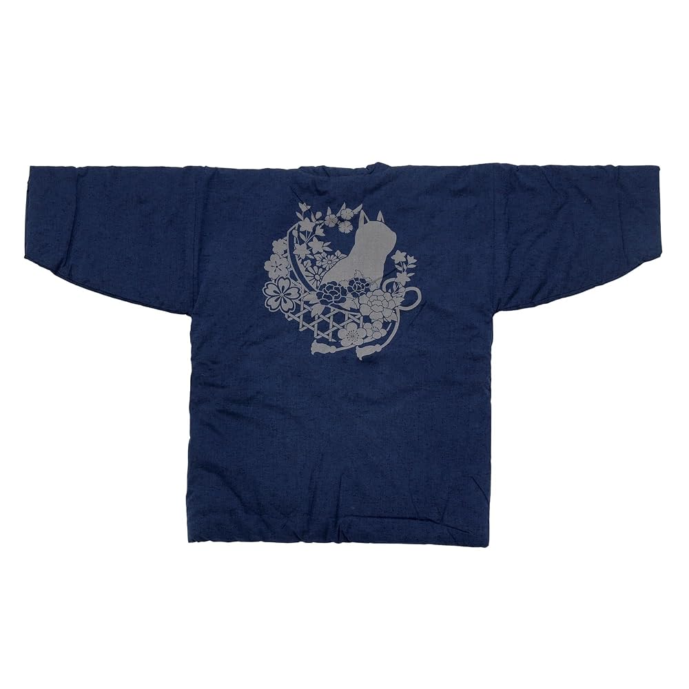 [江戸てん]綿入れ半纏 はんてん ちゃんちゃんこ日本製 久留米織り 抜染オリジナル柄 猫と花籠 青紺 フリー