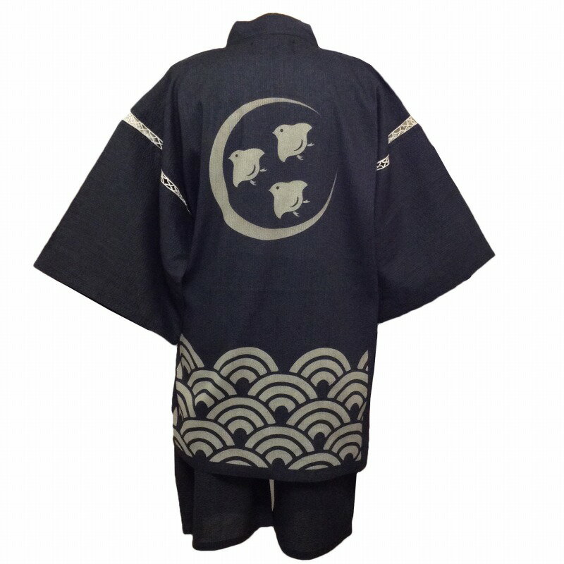 【当店オリジナル柄】しじら織り抜染甚平 三日月千鳥と青海波 グレー