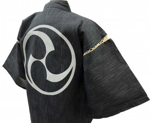 江戸てん しじら織り甚平 捺染プリントオリジナル柄 三つ巴 メンズ 夏 綿100% 紺/黒