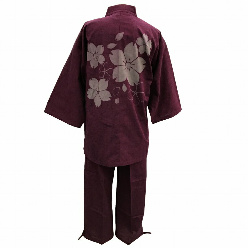 [江戸てん] 作務衣 久留米紬織り 日本製 抜染柄入り 和柄 高級 素材からこだわりました つむぎ メンズ　桜背中　エンジ