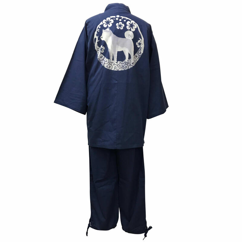 [江戸てん] 作務衣 柔らかい平織り 抜染オリジナル柄 綿100％ 柴犬と梅唐草　紺　M/L/LL