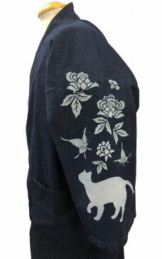 [江戸てん]作務衣 デニム生地 （綿100％）しっかりしているのに柔らかい さむえ 柄入り 通年 メンズ 猫と牡丹 左袖 紺