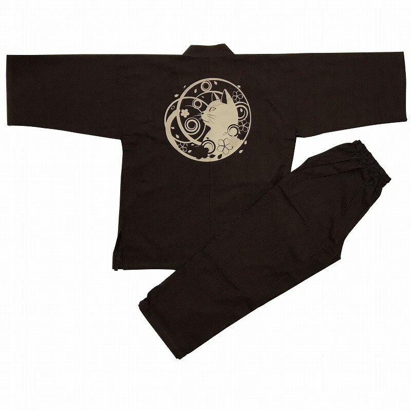 [江戸てん] 作務衣 柔らかい平織り 抜染オリジナル柄 猫と桜吹雪 茶　M/L/LL