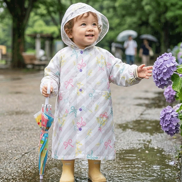 Rakuten - ミモザ柄　レインコート　子供　キッズ　リボン　ストライプ　ピンク　グレー　90cm 100cm 110cm 120cm 130cm　プチアンジェリーナ　ユアーズアーミーワールド　1点のみポスト投函OK！