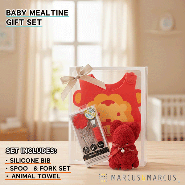 オリジナルお食事ギフトセット　お食事エプロン　スプーン＆フォーク　パームグラスプ　ベビースプーン　ベビーフォーク　ベビービブ　ライオン　らいおん　マーカス＆マーカス　かわいい　アニマル　どうぶつ　出産祝い　ギフト　ハーフバースデー　離乳食　お食事グッズ