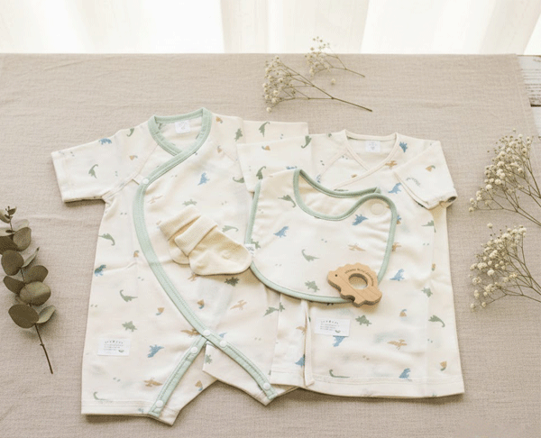 育児工房　出産祝い　ベビーギフト　ダイナソー　ギフト5点セット　コンビオール　中肌着　スタイ　ベビーソックス　ヒノキの歯固め　ボックス付き　日本製　プレゼント　新生児　赤ちゃん　ベビー　男の子　女の子　全国送料無料！