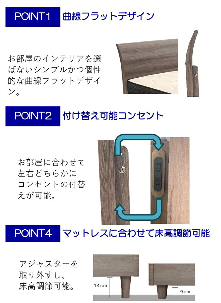 アンネルベッド トリムFT クイーン コンセント付き レッグ・脚付きタイプ シンプル 高さ調整 グレー お買い得 おすすめ annel bed 正規販売店 ベッドフレームのみ [2]