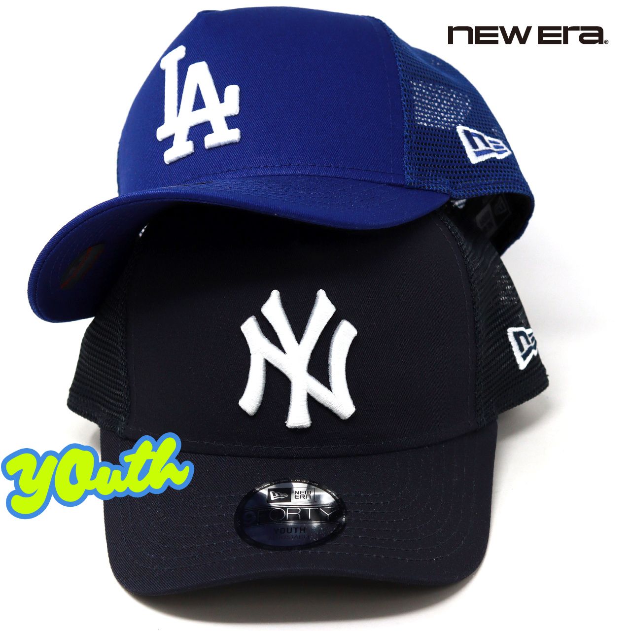 【15％OFF全品｜12/4 20時開始｜クーポン予告】 ニューエラ キッズ キャップ Youth 9FORTY A-Frame トラッカー MLB Trucker Cap ロサンゼルス・ドジャース 帽子 ニューヨーク・ヤンキース ロゴキャップ ネイビー ダークロイヤル 青 ブラック 黒 お祝い 姪 甥 野球好き