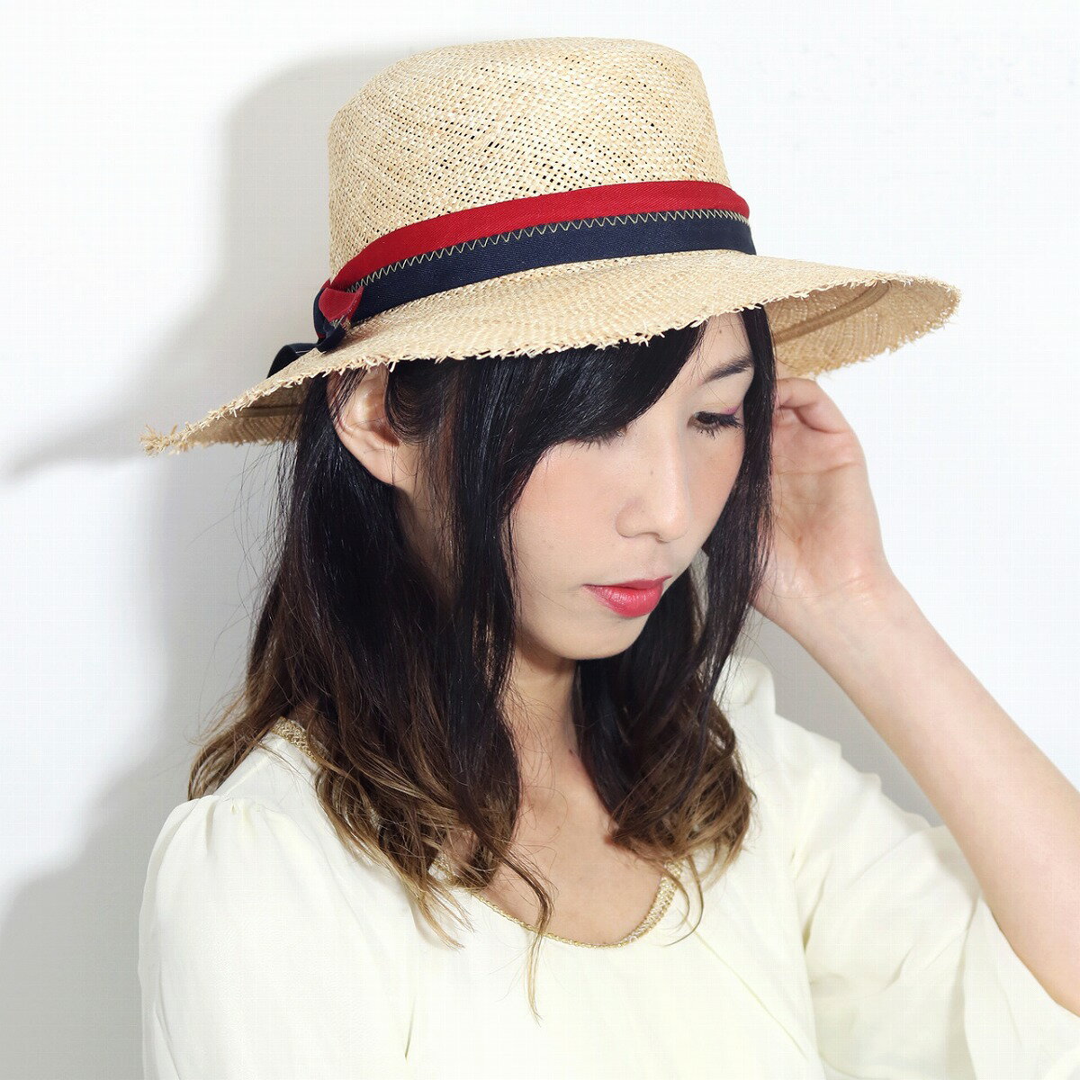 楽天ELEHELM帽子通販専門店＼本日限定クーポン利用で10％OFF／ BROOKLYN HAT ストローハット レディース つば広ハット 天然素材 麦わら帽子 ワイドブリム 日よけ お洒落 ブルックリンハット 麦わら帽 切りっぱなし リゾートスタイル バイカラー リボン ナチュラル 女性 誕生日 ギフト 帽子