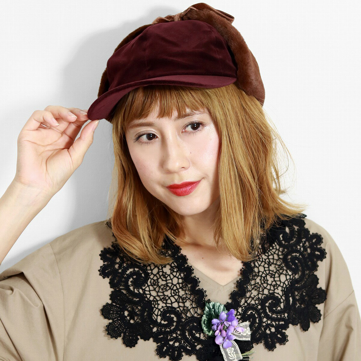 レディース キャップ フェイクファー 耳あて付き バラ色の帽子 秋冬 レディース ベルベット Dog ラコステ Cap カウボーイハット 可愛い キャップ ベロア 帽子 あたたかい イヤマフ 防寒 小物 おしゃれ Barairo No Boushi ブラウン エンジ Cap Elehelm帽子通販専門