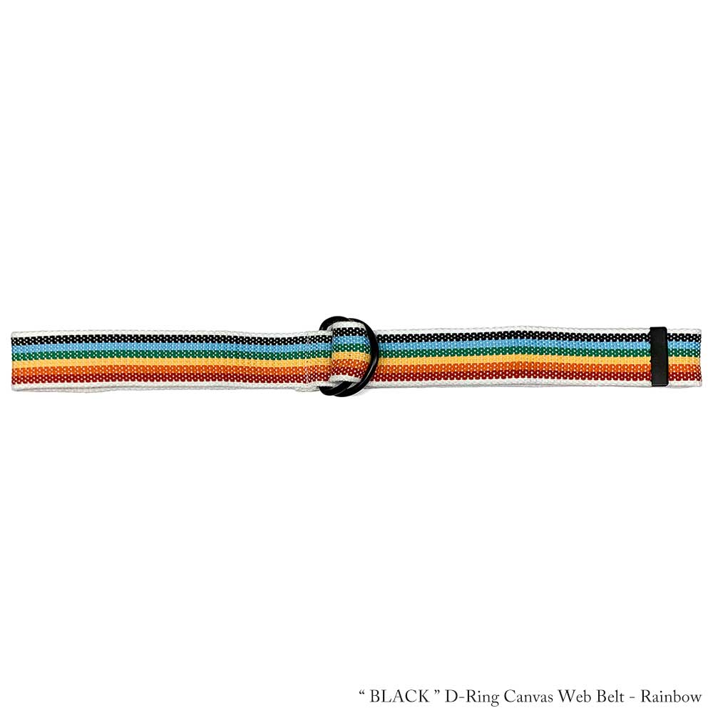 【ネコポス対応】 ブラック ダブルリング キャンバス ウェブ ベルト - Rainbow Black D-Ring Canvas Web Belt メンズ レディース ユニセックス バックル フリーサイズ 無地 W D リング カジュアル アウトドア キャンバス地 帆布 通勤 通学 普段使い 調節可能 レインボー 虹色