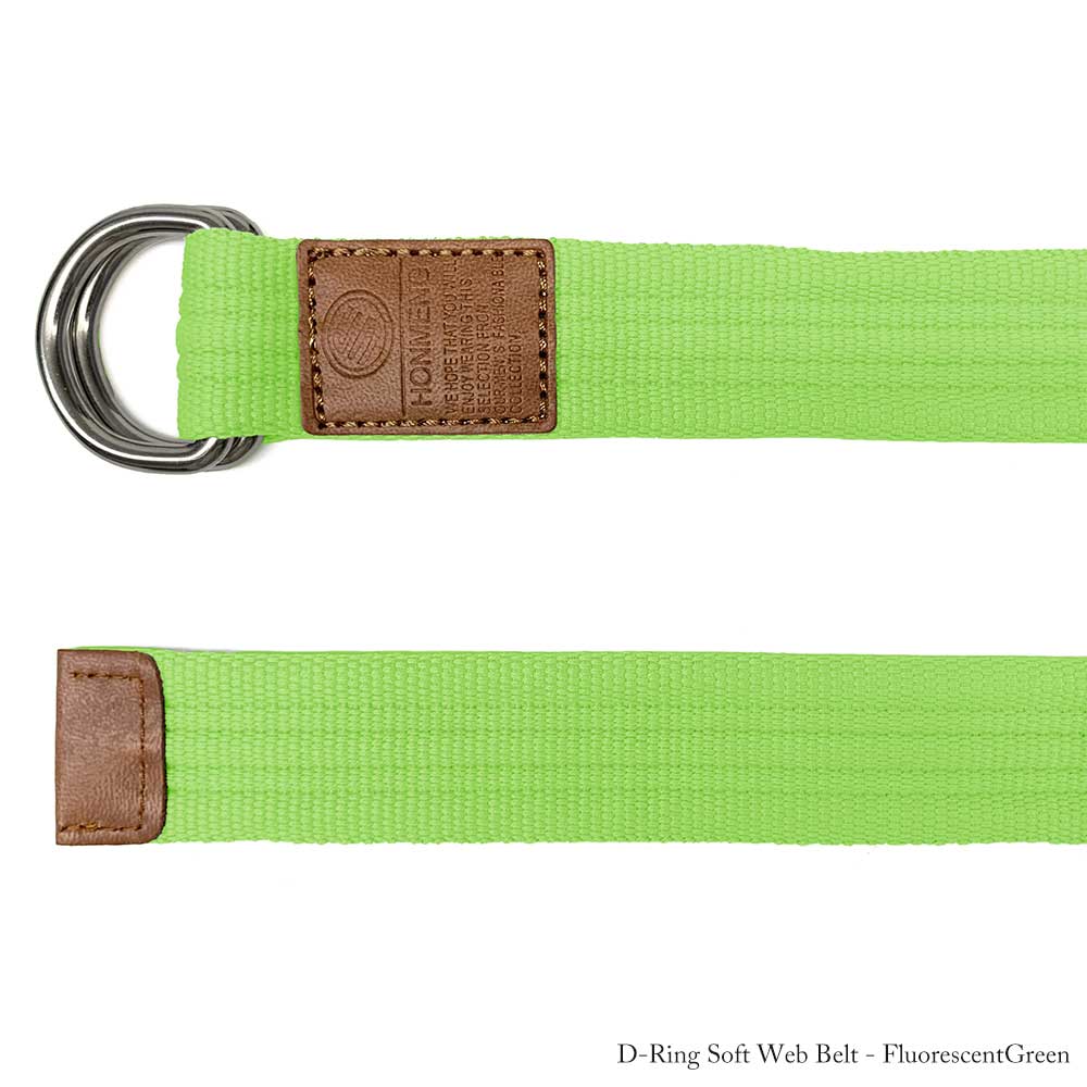 【ネコポス対応】 ダブルリング ソフト ウェブ ベルト D-Ring Soft Web Belt - Fluorescent Green ★ メンズ レディース ユニセックス バックル ウェブ ストレッチ フリーサイズ 無地 ウエスト W D リング ベーシック アウトドア キャンバス 通勤 通学 男性 女性 男女兼用