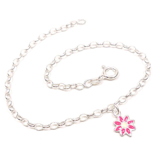 シルバー アンクレット つけっぱなし レディース 花のチャーム付き ピンク イタリア製