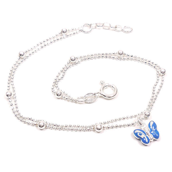 シルバー アンクレット つけっぱなし レディース 蝶のチャーム付き 2連 ブルー イタリア製