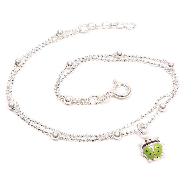シルバー アンクレット つけっぱなし レディース てんとう虫のチャーム付き 2連 グリーン イタリア製