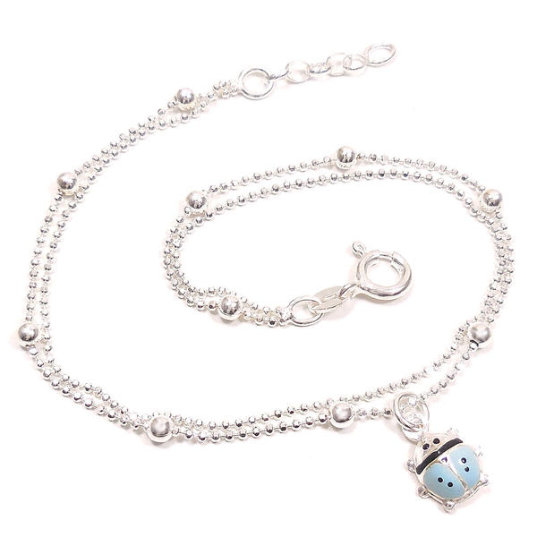 シルバー アンクレット つけっぱなし レディース てんとう虫のチャーム付き 2連 ブルー イタリア製