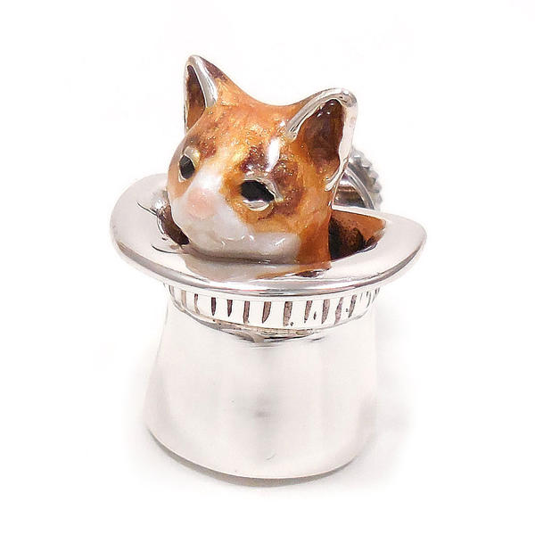 ピンブローチ ラペルピン シルバー925 猫 ネコ はちわれ 茶 帽子 エナメル彩色 イタリア製 サツルノ インポート メンズ レディース プレゼント ギフト