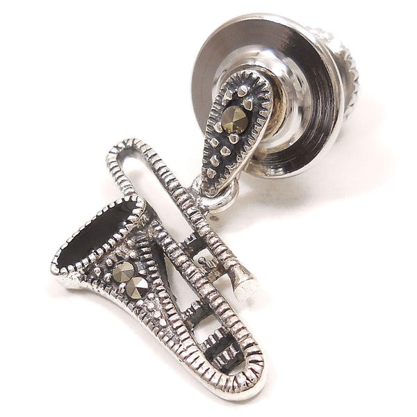 ブローチ ラペルピン シルバー925 楽器 トロンボーン マーカサイト メンズ レディース