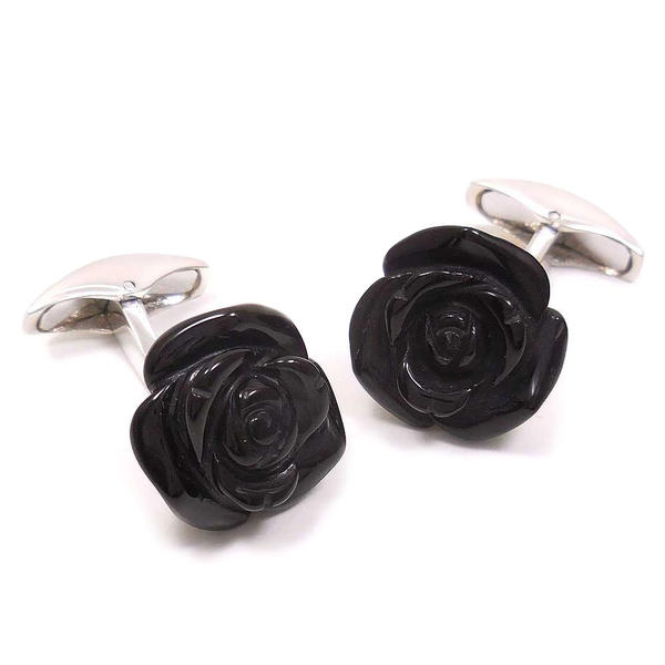 カフスボタン カフリンクス イニシャル名入れ刻印 シルバー925 薔薇 バラ オニキス イタリア製 ベルフ..