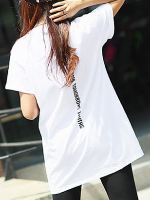 【新デザイン！】レディス　ロゴプリント（背中心）　左胸ポケット　Vネック　チュニック丈　半袖Tシャツ＜M、L、2L：着丈約75cm(M)＞綿混天竺　バックロゴストライプ　ワンピース【ロング丈　Tシャツ】【Tシャツ　ワンピー】【LLサイズ】