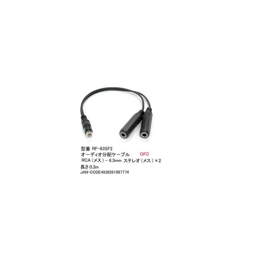 RCA(メス)⇔6.3mmステレオ(メス)x2変換ケーブル/30cm(6C-RF-63SF2) 商品情報 ●6.3φステレオケーブル(オス⇔オス) ●6.3φステレオ延長ケーブル(オス⇔メス) ●6.3φモノラルケーブル(オス⇔オス) ●6.3φモノラル延長ケーブル(オス⇔メス) ●6.3φ変換ケーブル ●6.3φ変換アダプタ があります。 商品詳細 ■製造元/商品型番：カモン(COMON)製 RF-63SF2 ■仕様：RCA(メス)⇔6.3mmステレオ(メス)x2 変換ケーブル/OFC ■ケーブル長：30cm ■ROHS対応 ■生産国：中国製 ■JANコード：4938591067774 ■梱包形態：ビニールによる簡易梱包 （ロットにより写真と異なる場合がございます。） 送料・代引き手数料に関して 本商品、宅配便及び簡易発送（送料200円）に 対応しております。 【宅配便利用の場合】 ■代引、日時指定が可能です。 山梨からの発送となります。 【送料】発送先により、送料（税込）は 　以下のようになります。 関東/信越/東海/北陸/南東北：740円 関西/北東北：840円 中国：950円 四国：1,050円 北海道/九州：1,160円 沖縄：1,280円 ※離島の場合は、別途お見積もりさせていただきます 【代引き手数料】一律500円（税込）となります。 【簡易発送（送料200円）の場合】 全国一律送料200円になります。 ■代引、及び日時指定は出来ません。 ■ポスト投函になりますので、弊社発送までの 　責任保証となります。 （輸送事故での保証は出来ません。） ■本商品のみでしたら、4本まで簡易発送対応 　となります。 ※その他の商品と同梱の場合は、簡易発送が 　出来ない場合がございますので事前に 　お問い合わせ願います。 返品について。 ■商品が不良の場合は、商品到着後1週間以内に 　ご連絡願います。 　メールアドレス：spyb34p9@air.ocn.ne.jp 　返金または、代品発送させていただきます。 ■その他、お客様都合による返品の場合は、 　返送時の送料は、お客様負担となります。★★★ケーブル類は、1,200種類の豊富な品揃え★★★